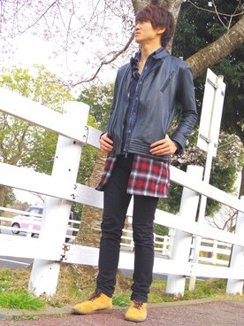 「A.S.M（エーエスエム）のアイテム（ライダースジャケット）」を使った、田邊 雄大さん（メンズ・179cm）の春コーディネート