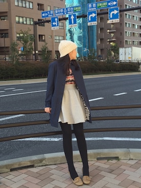 「ハイウエストスカート」｜「アイテム（ステンカラーコート）」を使った、JENさん（レディース・160cm）の秋コーディネート