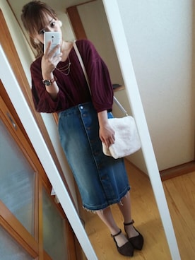 「GU（ジーユー）のアイテム（トップス、レッド系）」を使った、あゆみさん（レディース・158cm）の秋コーディネート