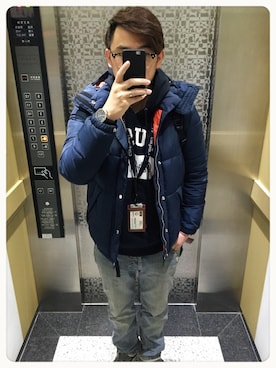 「H&M（エイチ・アンド・エム）のアイテム（マウンテンパーカー）」を使った、施政次さん（メンズ・178cm）の冬コーディネート