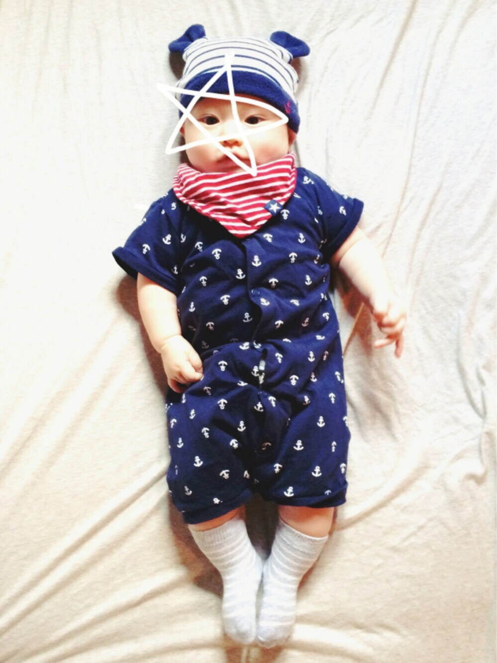 「しましま、マリン、男の子、おとこのこ、０歳、3ヶ月」｜「H&Mのアイテム（ロンパース、ブルー系）」を使った、s n さん（キッズ・60cm）の夏コーディネートの1枚目の写真