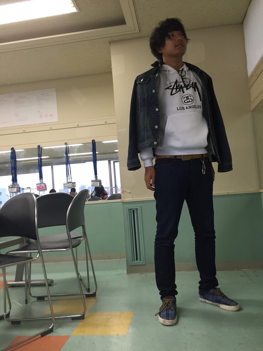 「デニム、ストゥーシー」｜「tk.TAKEO KIKUCHIのステッチワークGジャン（デニムジャケット、ブルー系）」を使った、たけたけさん（メンズ・180cm）の秋コーディネートの1枚目の写真