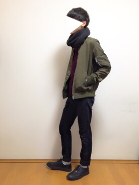 「GU（ジーユー）の（GU）スキニーフィットジーンズ（MEN ⁄ ジーンズ）」を使った、Mochiさん（メンズ・170cm）の冬コーディネート