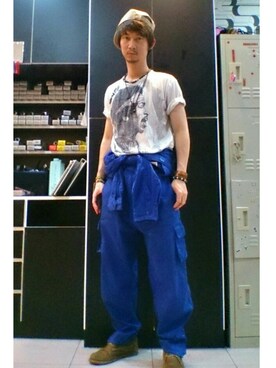 「アイテム（つなぎ/オールインワン、ブルー系）」を使った、宇さん（メンズ・174cm）の春コーディネート