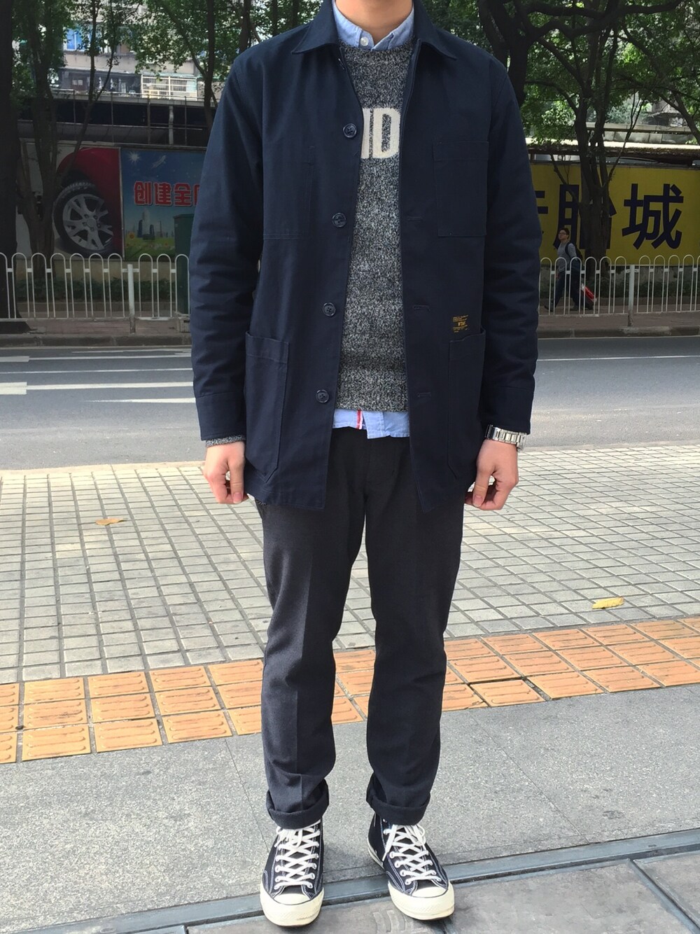 「wtapsのアイテム（ピーコート、ブルー系）」を使った、leungzzzz さん（メンズ・172cm）の春コーディネートの1枚目の写真