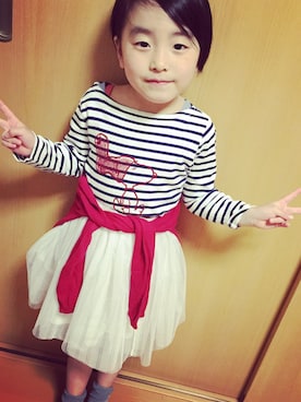 「H&M（エイチ・アンド・エム）のアイテム（カーディガン/ボレロ）」を使った、ももじりさん（キッズ・110cm）の春コーディネート