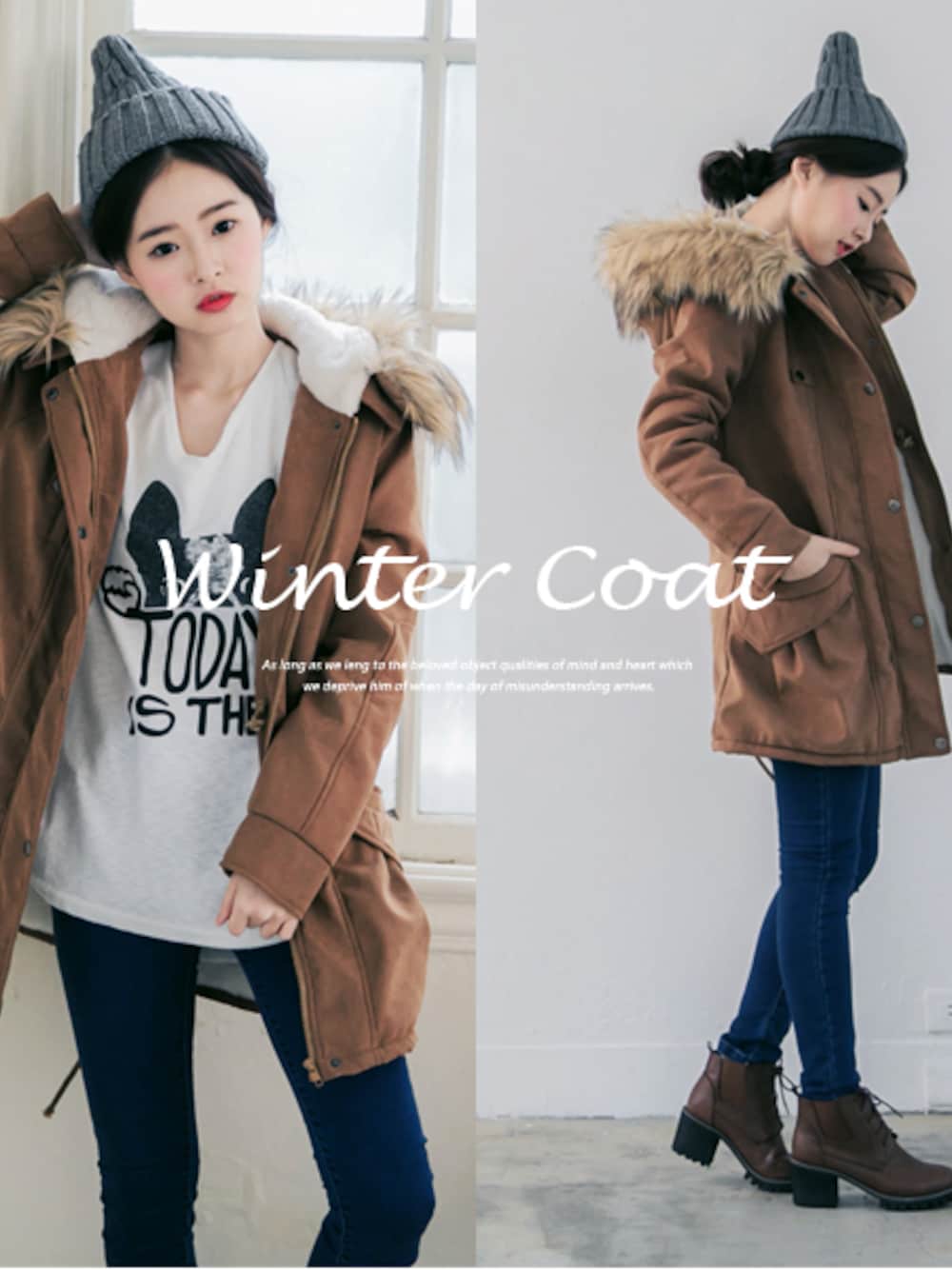 ブラウン系のミリタリージャケットを着用したレディースの冬コーディネートの1枚目の写真