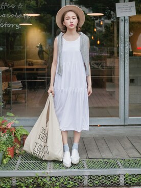 「Joyceshop（ジョイスショップ）のNEW．韓．甜美蛋糕裙無袖洋裝（ワンピース、ホワイト系）」を使った、JoyceShopさん（レディース・163cm）の春コーディネート
