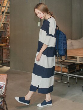「Joyceshop（ジョイスショップ）のNEW．韓．慵懶橫紋寬長版洋裝（ワンピース、ブルー系）」を使った、JoyceShopさん（レディース・163cm）の春コーディネート
