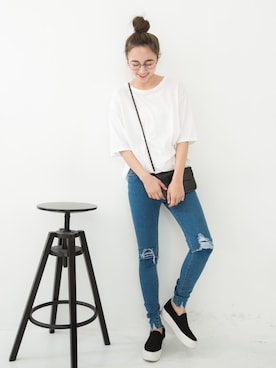 「Joyceshop（ジョイスショップ）の NEW．韓．舒適簡約不收邊棉T（Tシャツ/カットソー、ホワイト系）」を使った、JoyceShopさん（レディース・163cm）の春コーディネート