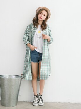 「Joyceshop（ジョイスショップ）のNEW．輕夏格紋長版襯衫（シャツ/ブラウス、グリーン系）」を使った、JoyceShopさん（レディース・163cm）の春コーディネート