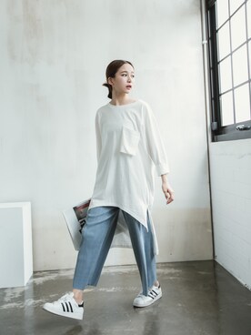 「Joyceshop（ジョイスショップ）の漂浮口袋不規則長版T（Tシャツ/カットソー、ホワイト系）」を使った、JoyceShopさん（レディース・163cm）の秋コーディネート