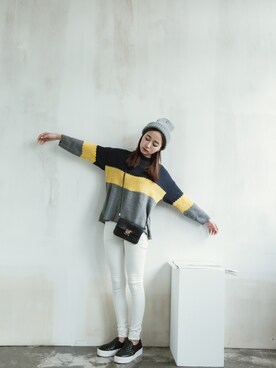 「Joyceshop（ジョイスショップ）の三配色圓領針織毛衣（ニット/セーター、ブルー系）」を使った、JoyceShopさん（レディース・163cm）の秋コーディネート