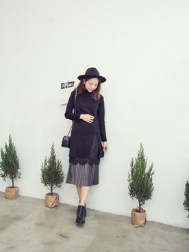 「Joyceshop（ジョイスショップ）の蕾絲下擺針織長版上衣（その他トップス、ブラック系）」を使った、JoyceShopさん（レディース・163cm）の冬コーディネート