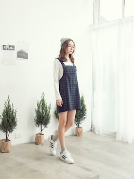 「Joyceshop（ジョイスショップ）の英倫吊帶格紋兩件式上衣（ワンピース、ブルー系）」を使った、JoyceShopさん（レディース・163cm）の冬コーディネート