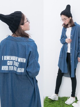 「Joyceshop（ジョイスショップ）の後英字蓋片牛仔襯衫（デニムジャケット、ブルー系）」を使った、JoyceShopさん（レディース・163cm）の冬コーディネート