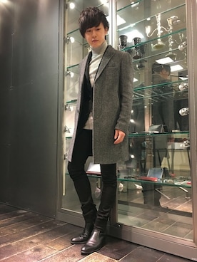 「ドレスアップ」｜「アイテム（ステンカラーコート）」を使った、大澤 拓也さん（メンズ・165cm）の冬コーディネート