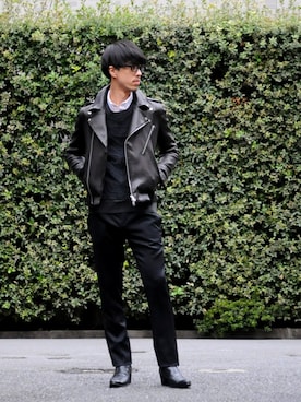 「ケーブルニット」｜「アイテム（ライダースジャケット）」を使った、GalaabenD Tokyoさん（メンズ・182cm）の冬コーディネート