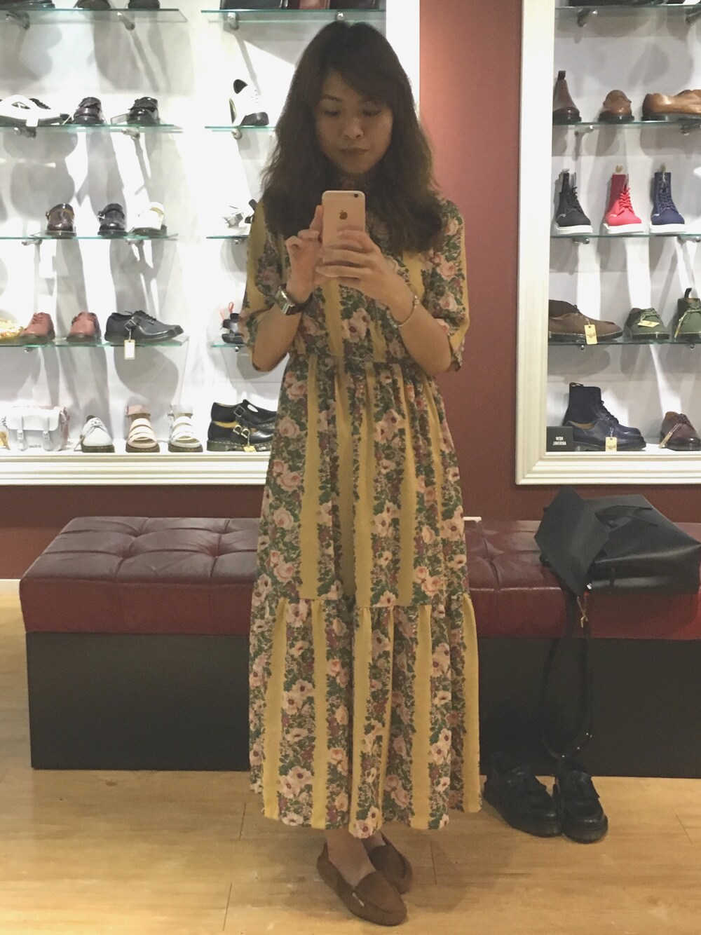 「flower、Floral print、buying」｜「buyinkoreaのアイテム（ワンピース、イエロー系）」を使った、ルビー・Rubyさん（レディース・157cm）の春コーディネートの1枚目の写真