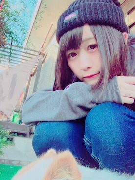 「チャンピオン パーカー」｜「アイテム（ニットキャップ/ビーニー）」を使った、ぴぴさん（レディース・156cm）の冬コーディネート