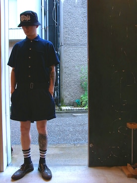 「アイテム（つなぎ/オールインワン）」を使った、道守信也さん（メンズ・172cm）の夏コーディネート