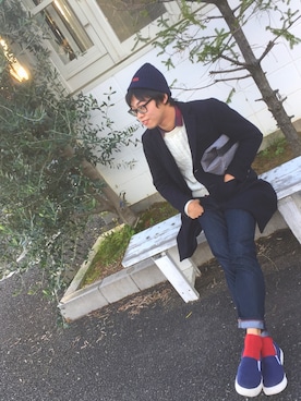 「ニットキャップ」｜「アイテム（チェスターコート）」を使った、ゆうたさん（メンズ・176cm）の秋コーディネート