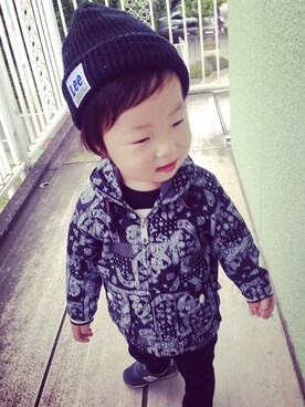 「アイテム（ナイロンジャケット）」を使った、105asuさん（キッズ・80cm）の秋コーディネート