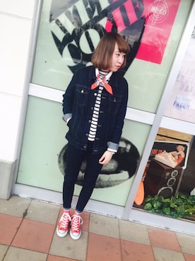 「マリンコーデ」｜「アイテム（デニムジャケット）」を使った、なっつさん（レディース・166cm）の冬コーディネート