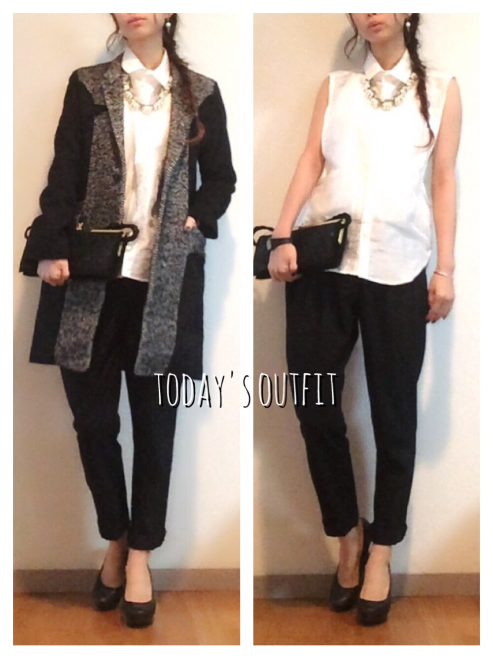 ブラック系のその他アウター、ホワイト系のシャツ/ブラウスを着用したレディースの秋コーディネートの1枚目の写真