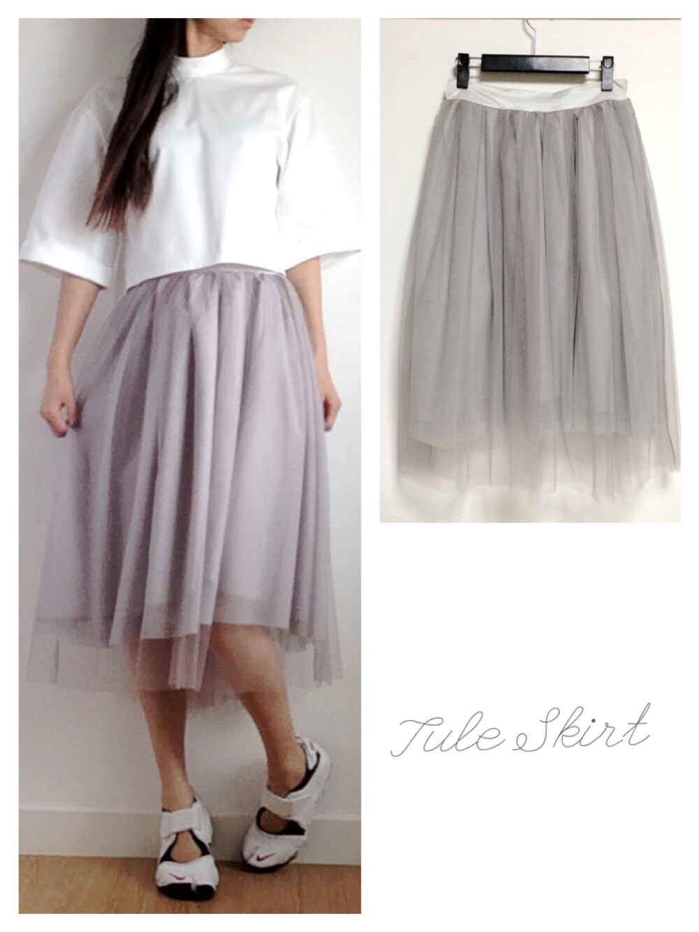 ホワイト系のシャツ/ブラウス、グレー系のスカート、ホワイト系のスニーカーを着用したレディースの春コーディネートの1枚目の写真