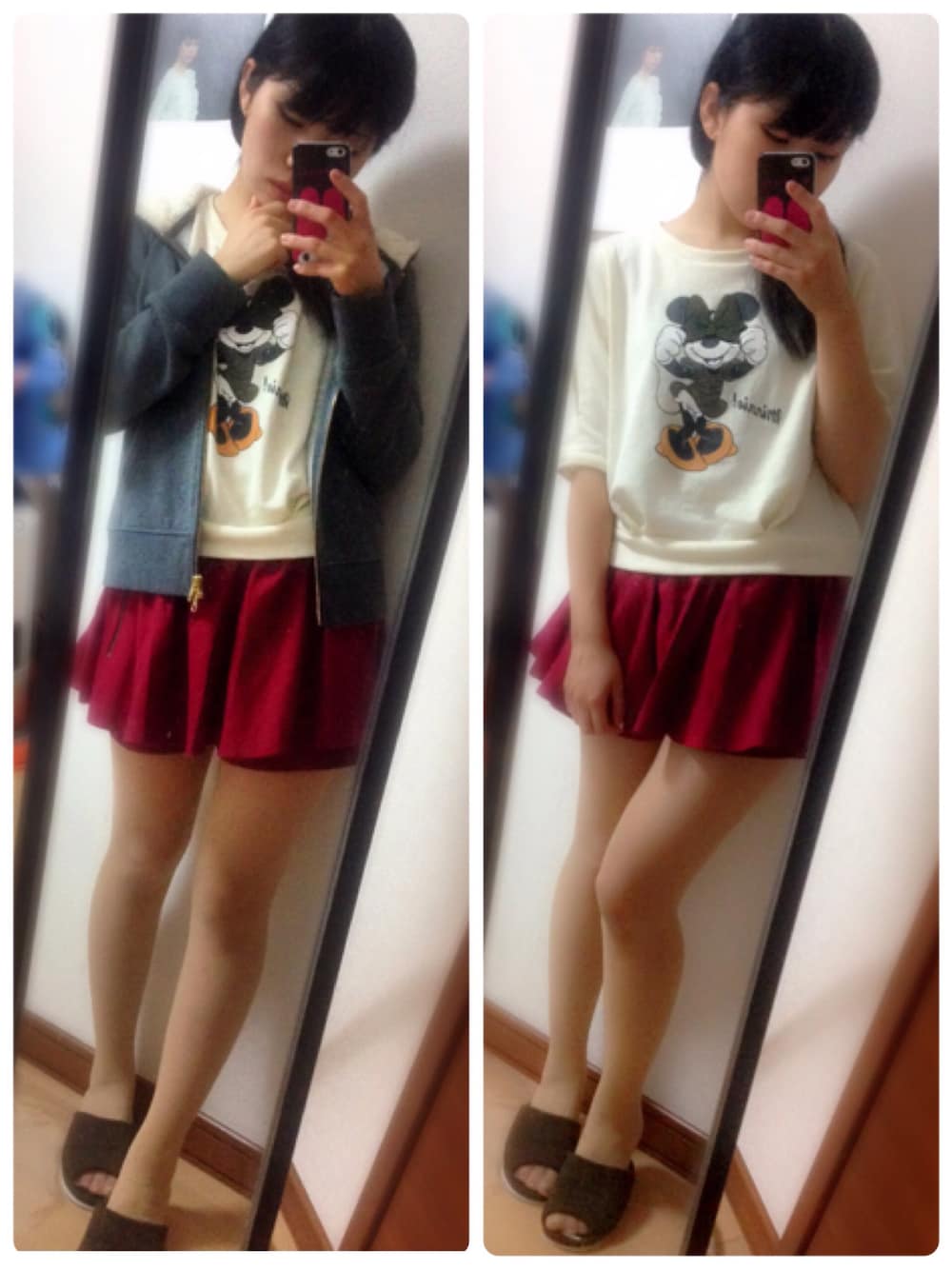 ベージュ系のTシャツ/カットソー、レッド系のその他パンツ、グレー系のパーカーを着用したレディースの秋コーディネートの1枚目の写真