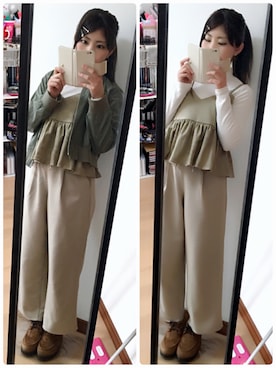 「カーキ×ベージュ」｜「アイテム（パンツ）」を使った、✩Ｋｉｉさん（レディース・155cm）の冬コーディネート