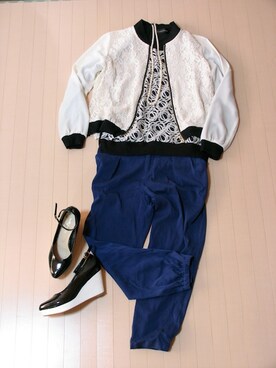 「YECCA VECCA（イェッカヴェッカ）のレースブルゾン（カバーオール、ホワイト系）」を使った、minamiさん（レディース・146cm）の春コーディネート