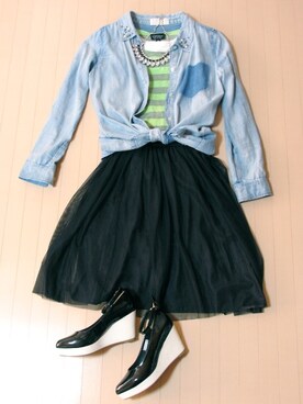 「green label relaxing（グリーンレーベルリラクシング）のmonable チュールリバーシブル スカート（スカート、ブラック系）」を使った、minamiさん（レディース・146cm）の春コーディネート