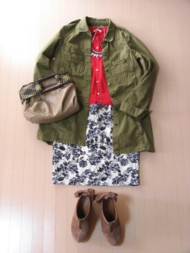 「カーキシャツジャケット（シャツ/ブラウス、グリーン系）」を使った、minamiさん（レディース・146cm）の春コーディネート