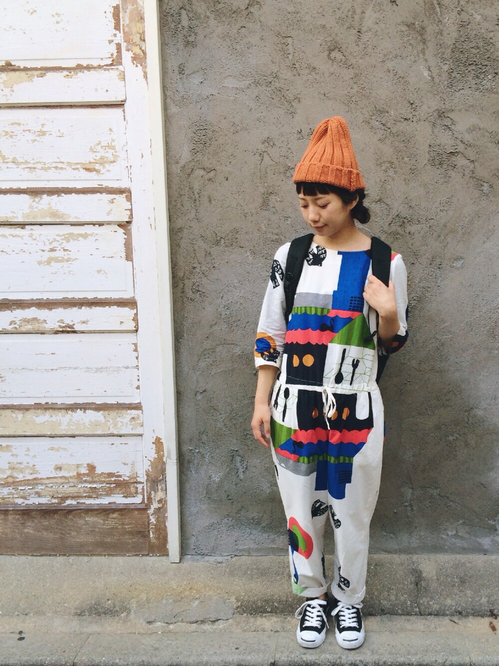 「l'atelier du savon、アトリエドゥサボン、ARC'TERYX、アークテリクス、converse、ジャックパーセル、オールインワン、ジャンプスーツ」｜「ARC'TERYXのアイテム（バックパック/リュック、ブラック系）」を使った、うゆさん（レディース・150cm）の夏コーディネートの1枚目の写真