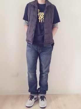 「blue」｜「アイテム（ダウンベスト）」を使った、Hiroshi Jさん（メンズ・172cm）の秋コーディネート