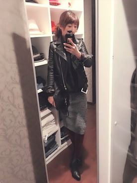 「ローリーズファーム(LOWRYS FARM)」｜「アイテム（ライダースジャケット）」を使った、キャサさん（レディース・158cm）の冬コーディネート