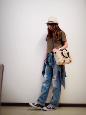 「niko and...（ニコアンド）のオリジナル ミニラインテープカゴバッグ【niko and...】（かごバッグ）」を使った、キャサさん（レディース・158cm）の夏コーディネート