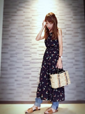 「niko and...（ニコアンド）のオリジナル ミニラインテープカゴバッグ【niko and...】（かごバッグ）」を使った、キャサさん（レディース・158cm）の夏コーディネート