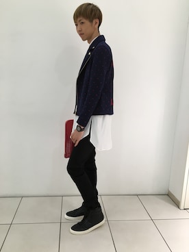 「Education from Youngmachines（エデュケーションフロムヤングマシーン）のアイテム（ライダースジャケット）」を使った、幸長さん（メンズ・180cm）の夏コーディネート