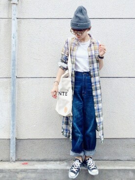 「ロングシャツ」｜「アイテム（PC・スマホグッズ/家電）」を使った、SIZUさん（レディース・156cm）の夏コーディネート