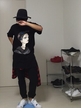 「no brand（ノーブランド）のアイテム（Tシャツ/カットソー、ブラック系）」を使った、KUYAさん（メンズ・170cm）の夏コーディネート