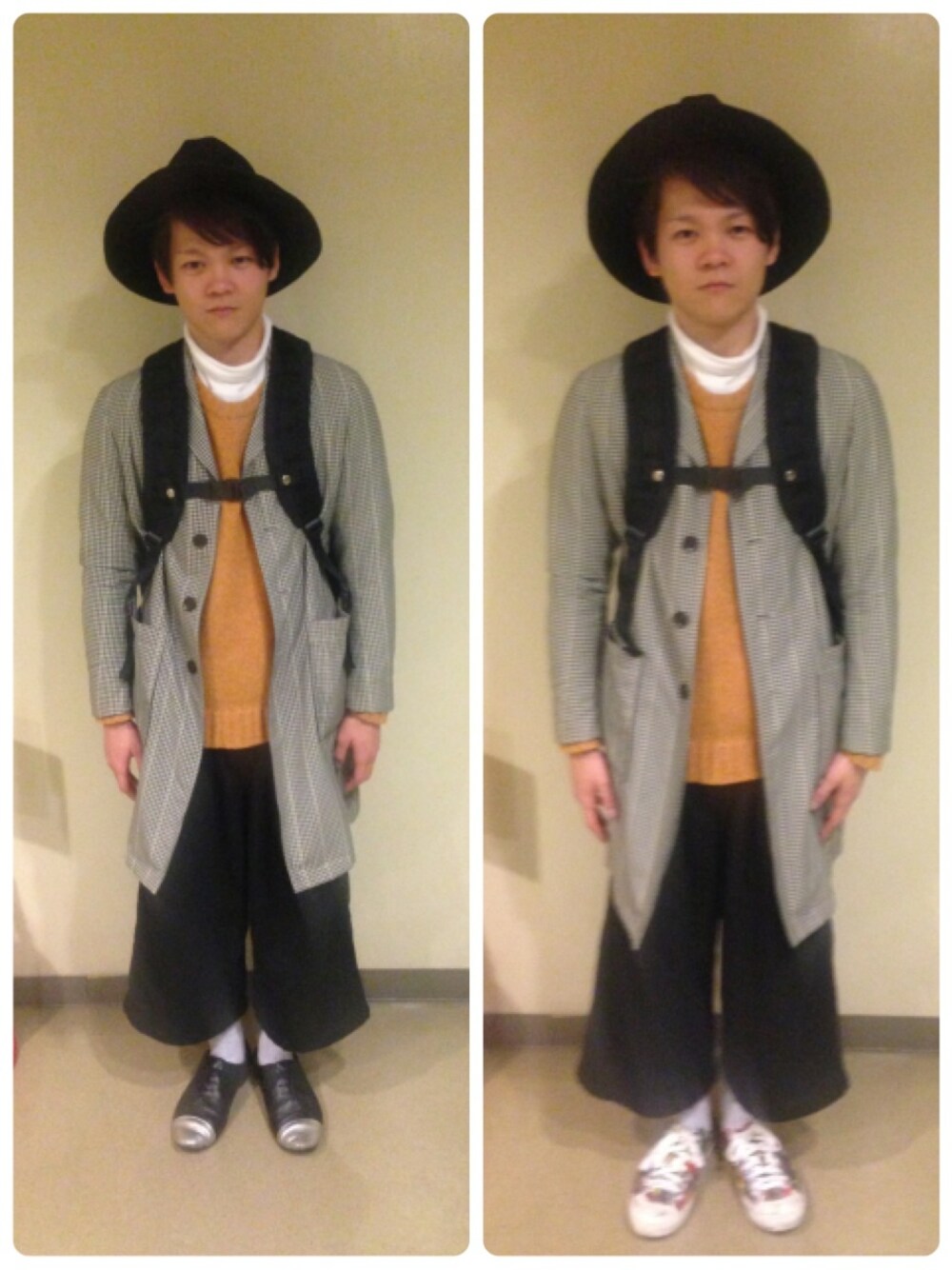 オレンジ系のニット/セーター、ホワイト系のTシャツ/カットソー、ホワイト系のチェスターコートを着用したメンズの冬コーディネートの1枚目の写真