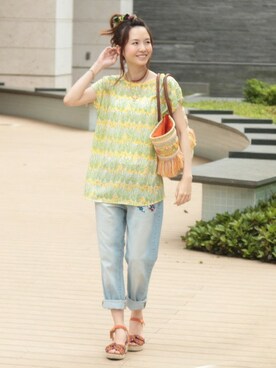 「ウェッジソール」｜「アイテム（チュニック）」を使った、gucchiさん（レディース・160cm）の夏コーディネート