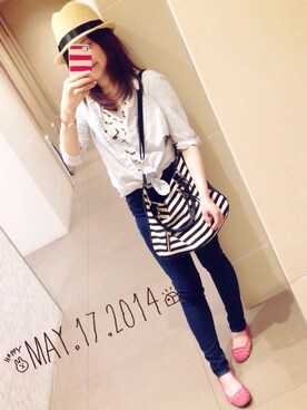 「FOREVER 21（フォーエバー トゥエンティーワン）の七分袖ストライプシャツ（シャツ/ブラウス、ホワイト系）」を使った、kana.comさん（レディース・156cm）の春コーディネート