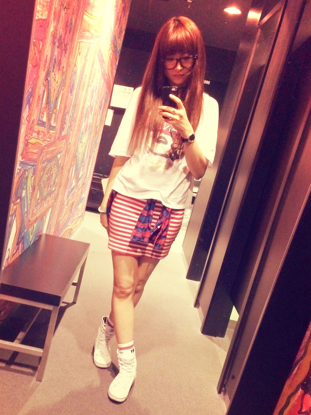「ootd、code、Sunnyday、白スニーカー、ボーダー、白Tシャツ、white、red、晴れ」｜「ZARAのアイテム（ワンピース、レッド系）」を使った、都乃 (PEPESALE)/SATONOさん（レディース・168cm）の春コーディネートの1枚目の写真