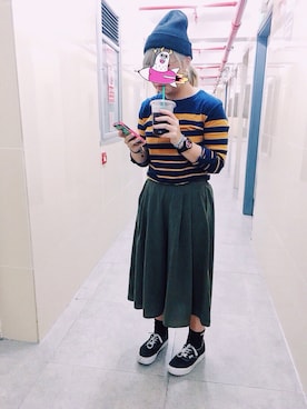 「PULL&BEAR（プルアンドベア）のアイテム（ニットキャップ/ビーニー）」を使った、Melissaさん（レディース・154cm）の秋コーディネート