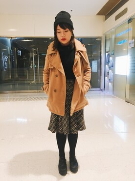 「PULL&BEAR（プルアンドベア）のアイテム（ニットキャップ/ビーニー）」を使った、Melissaさん（レディース・154cm）の冬コーディネート