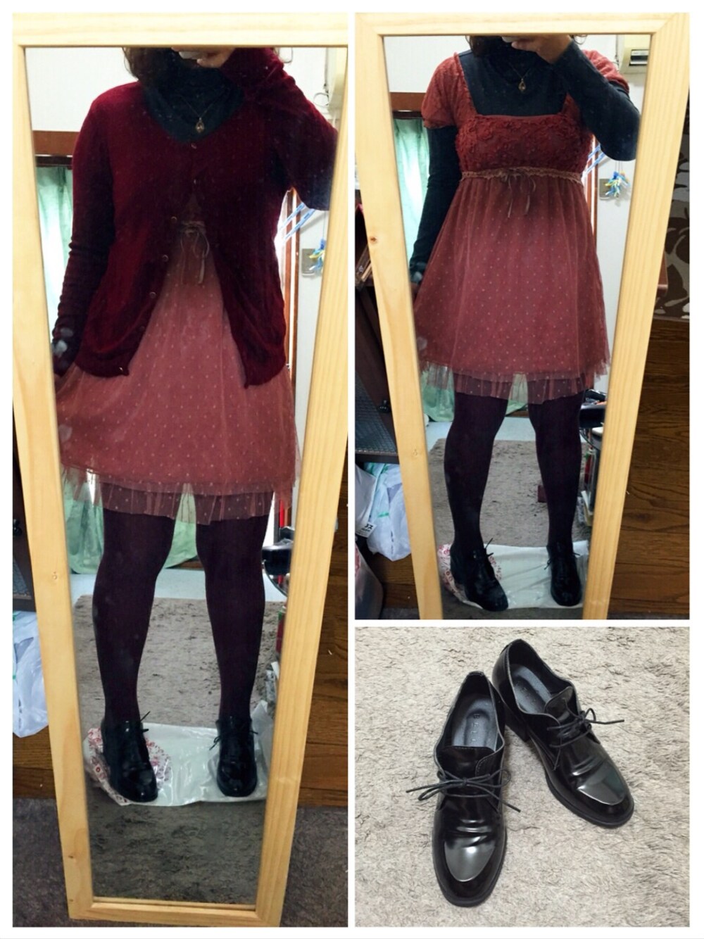 ピンク系のワンピース、レッド系のカーディガン/ボレロ、グレー系のTシャツ/カットソーを着用したレディースの秋コーディネートの1枚目の写真